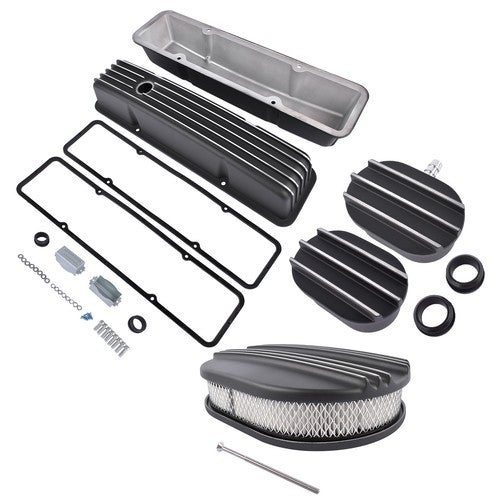 Polished Aluminum Finned Tall Valve Cover & 12" Air Cleaner for SBC 58-86 Black