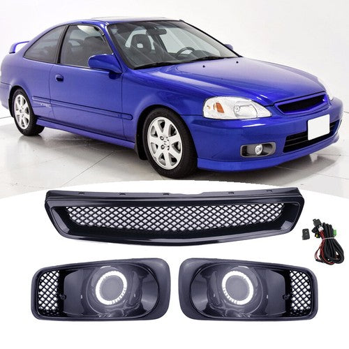 JDM Type R Black Grille & LED Fog Lights 3PCS for 1999-2000 Honda Civic