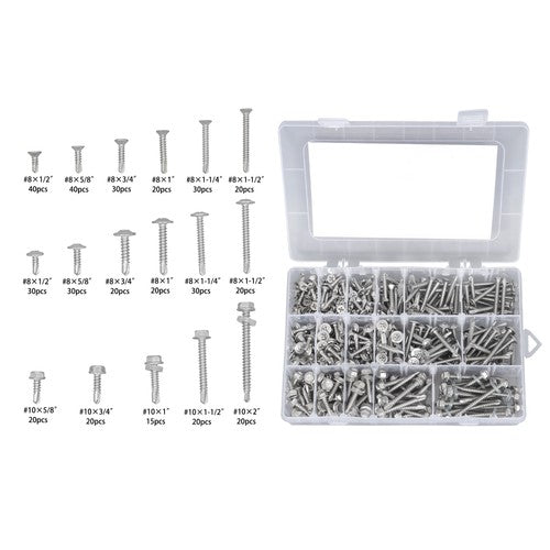 425 Pcs 410 Stainless Steel Self-Tapping Screws, #8 #10 Self-Drilling Set
