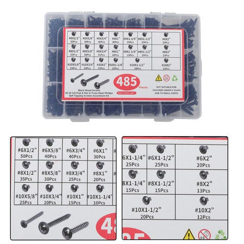 485 Pack Black wood screws kits with 20 different sizes #6, #8, #10 For Wood