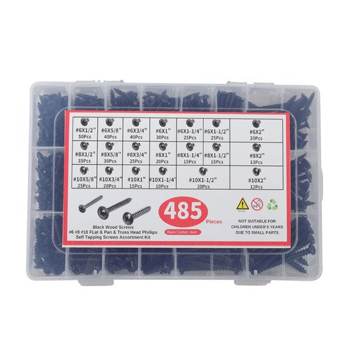 485Pcs Flat,Truss,Phillips Round Head wood screws W/20 Screw Size #6, #8, #10