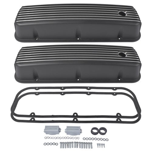 3-11/16" Tall Finned Valve Covers Black for Chevy BBC 396 402 454 502 1965-1995