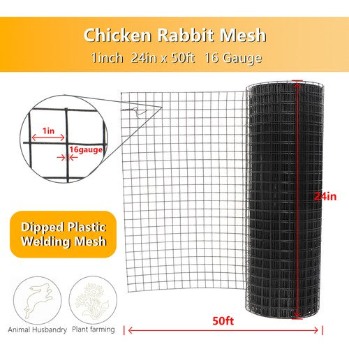 1"x1" 16 Gauge 24"x50' Welded Wire Fence Vinyl Coated Chicken Rabbit Mesh