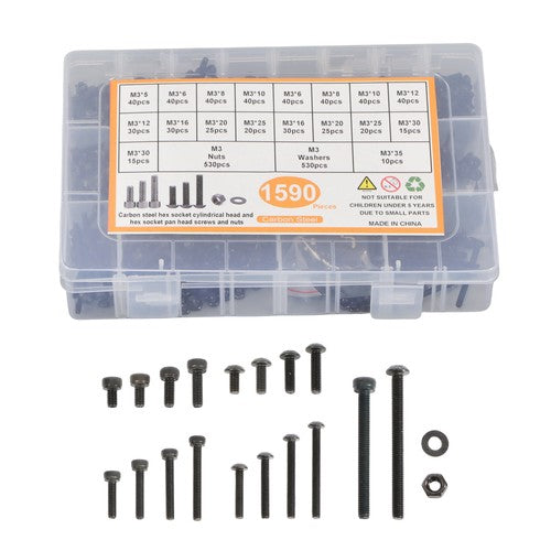 1590-Piece M3 Screw Kit with Hex Button & Socket Head Bolts, Nuts, and Washers