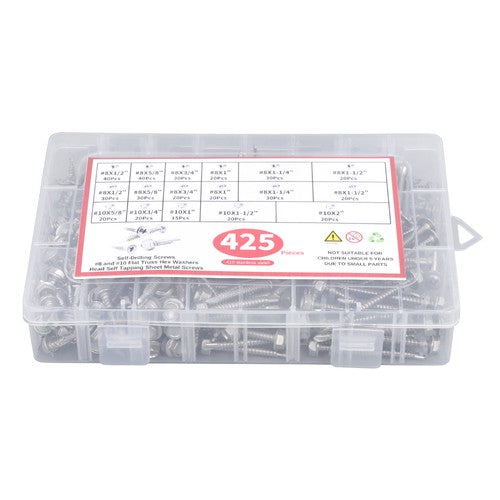 425PC 410 Stainless Steel Self-Tapping Screws #8#10 Self-Drilling Assortment Kit