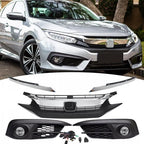 Front Upper Grille & Fog Lights Lamps Set for 2016-2018 for Honda Civic