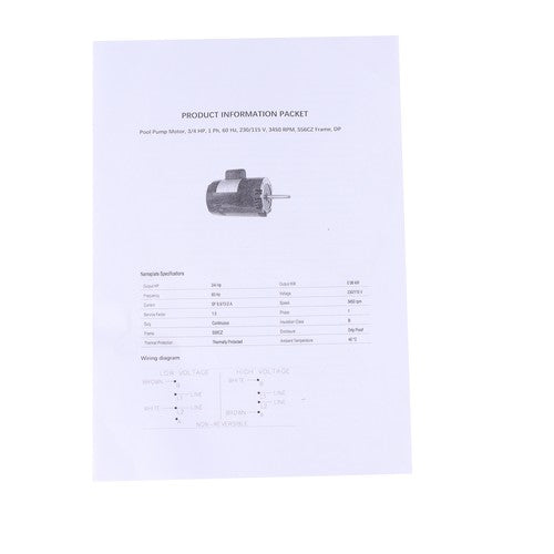 Swimming Pool Water Pump Motor 0.75HP 115/230V 3450RPM Cleaner Motor B668
