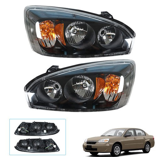 RH & LH Headlights Headlamps Housing Halogen Black For Chevy Malibu 2004-2008