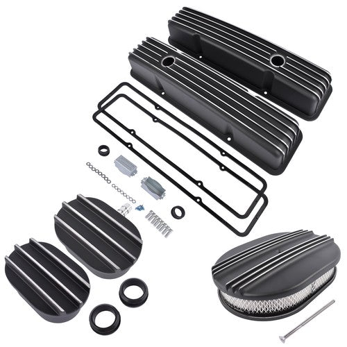 Polished Aluminum Finned Tall Valve Cover & 12" Air Cleaner for SBC 58-86 Black