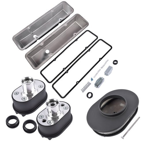 Polished Aluminum Finned Tall Valve Cover & 12" Air Cleaner for SBC 58-86 Black