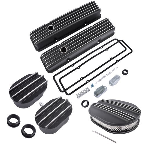 Polished Aluminum Finned Tall Valve Cover & 12" Air Cleaner for SBC 58-86 Black