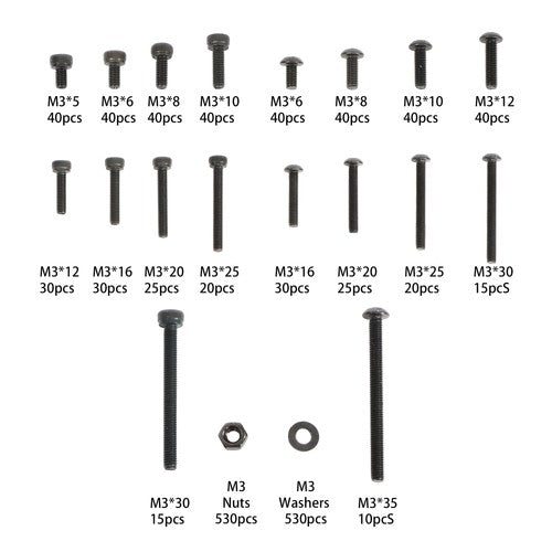 1590-Piece M3 Screw Kit with Hex Button & Socket Head Bolts, Nuts, and Washers