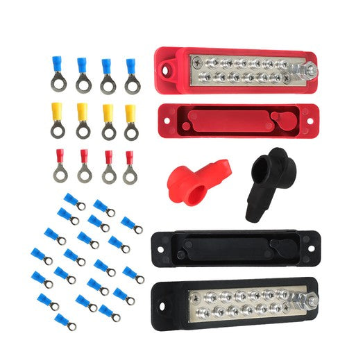 New 12 Point Bus Bar Power Distribution Block 180A 12V DC Pair Black & Red USA