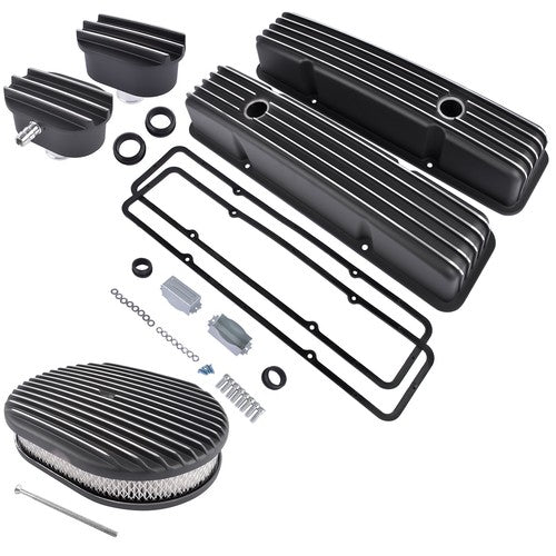 For Chevy SBC 58-86 Finned Tall Valve Covers & 12" Air Cleaner & Breather Kit