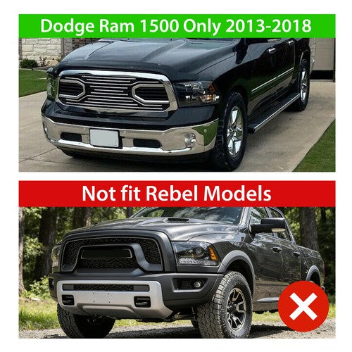 Front Upper Big Horn Black Grille Shell With Light for 2013-2018 Dodge Ram 1500