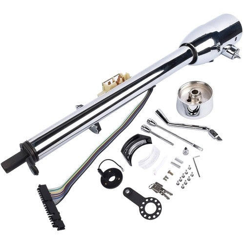 30" Chrome Tilt Auto Steering Column w/ 9 Hole Wheel Adapter Key Stainless Steel