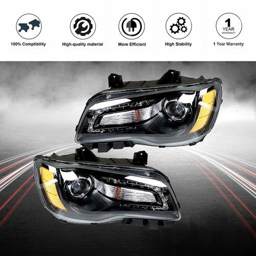 Headlight Black Pair Projector For Chrysler 300 11-14 Passenger + Driver Side