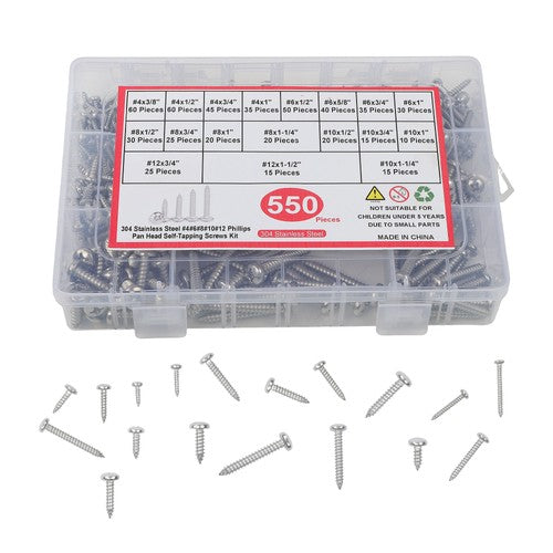 550Pack 304 Stainless steel wood screws kits countersunk #4 #6 #8 #10 #12 W/Box