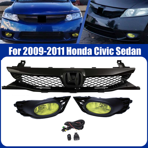 Yellow Lens Fog Lights Kit Front Bumper Grille for 09-11 for Honda Civic 4Dr