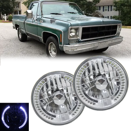 7" Round Halo LED Headlights White Clear for 1975-1978 for GMC C15 C25 C35