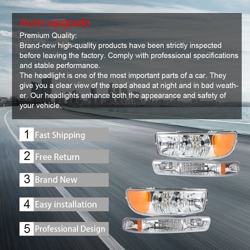 Fit For GMC Sierra 1500 1999-2007 LH+RH Headlight Replacement Halogen Chrome