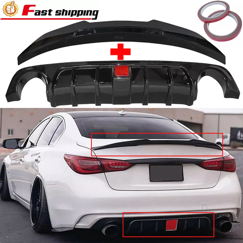 Rear Bumper Diffuser & Rear Spoiler Glossy Black for 2018-2023 for Infiniti Q50