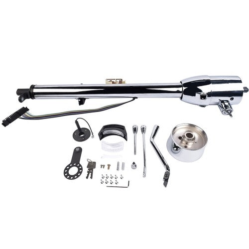 30" Chrome Tilt Auto Steering Column w/ 9 Hole Wheel Adapter Key Stainless Steel