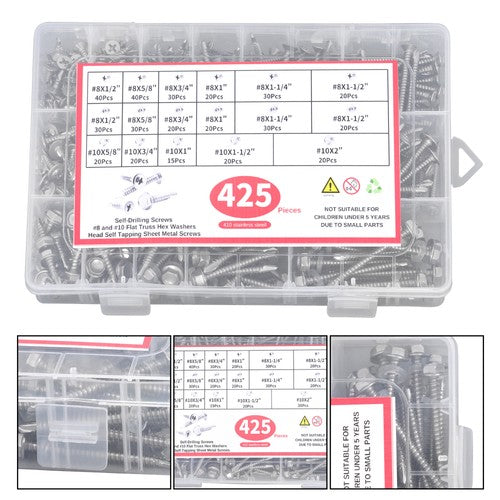 425 Pcs 410 Stainless Steel Self-Tapping Screws, #8 #10 Self-Drilling Set