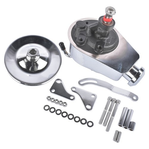 For Chevy SBC 265 283 Chrome Steel Power Steering Pump With Bracket Kit & Pulley