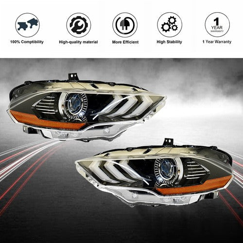 Black Housing Headlamp Headlight LED DRL LH&RH Pair For Ford Mustang 2018-2020