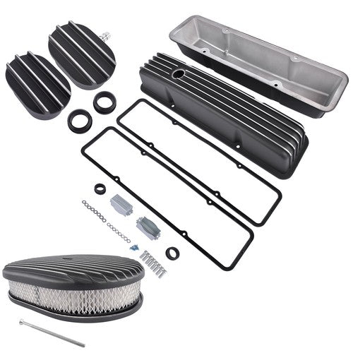 For Chevy SBC 58-86 Finned Tall Valve Covers & 12" Air Cleaner & Breather Kit