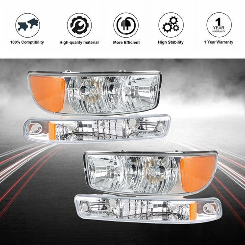 Fit For GMC Sierra 1500 1999-2007 LH+RH Headlight Replacement Halogen Chrome