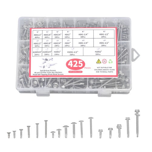 425PC 410 Stainless Steel Self-Tapping Screws #8#10 Self-Drilling Assortment Kit