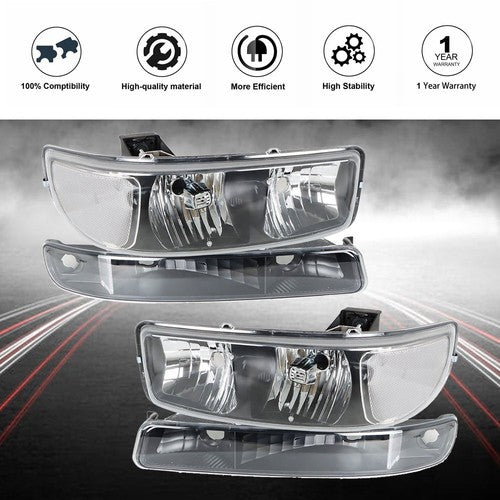 For GMC Sierra 1500 99-07 & Yukon 00-06 L+R Headlight Replacement Halogen Black