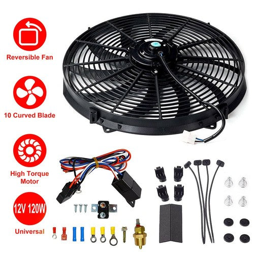 BLACK 16" Electric Radiator Fan High 3000 Cfm Thermostat Wiring Switch Relay Kit