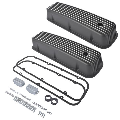 3-11/16" Tall Finned Valve Covers Black for Chevy BBC 396 402 454 502 1965-1995