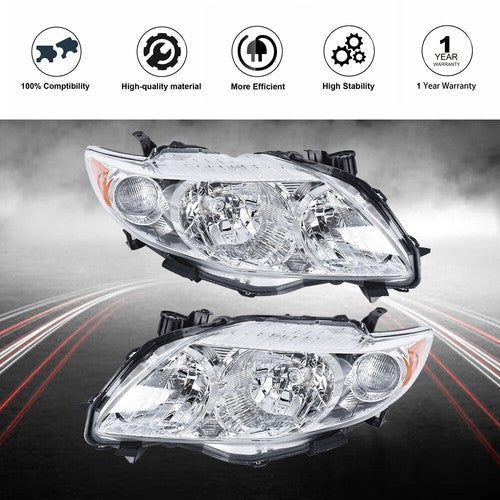 Pair Set For Toyota Corolla 2009-2010 Headlight Replacement Halogen Clear L+R