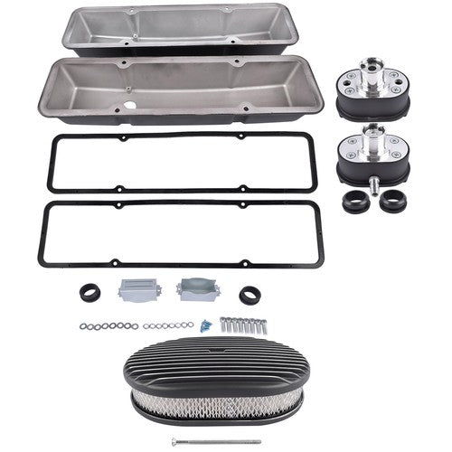 For Chevy SBC 58-86 Finned Tall Valve Covers & 12" Air Cleaner & Breather Kit