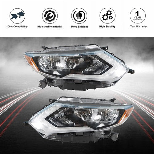 Headlamps Assembly LH+RH For 2017-2019 Nissan Rogue Clear Lens Halogen Chrome