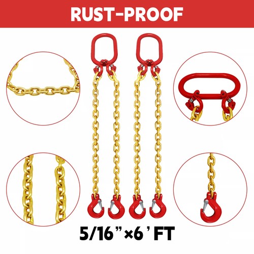 2PCS 5/16"x6' G80 Chain Lifting Sling 2 Legs 3T 6600lbs Capacity Grab Hooks