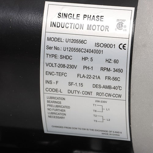 5HP Electric Motor 3450RPM 5/8" Shaft Single Phase 208-230V 56C Frame 60HZ TEFC