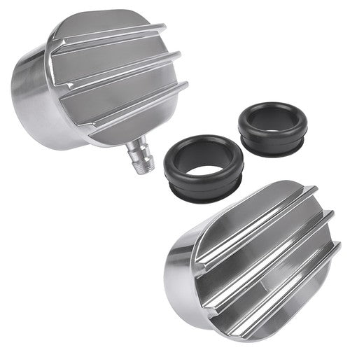 Polished Aluminum Finned Oval PCV + Push-in Breather Combo Valve Cover Set of 2
