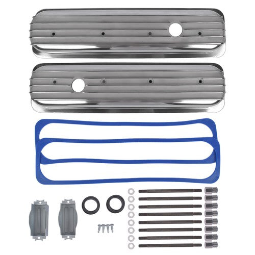 Finned Polished Aluminum Center Bolt Short Valve Covers For SBC 350 5.7 5.0 V8