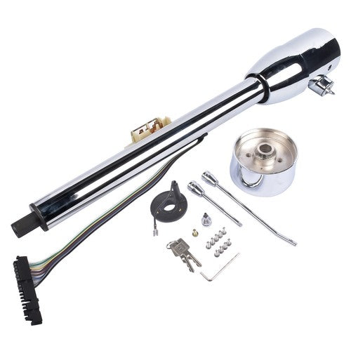 28" GM Tilt Manual Chrome Floor Shift Steering Column With Key & 9 Bolt adapter