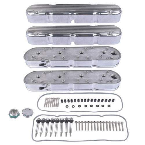 2Pcs Aluminum finned Valve Covers w/ Coil Mounts 241-181 For Chevy LS - Polished