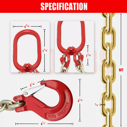 2PCS 5/16"x6' G80 Chain Lifting Sling 2 Legs 3T 6600lbs Capacity Grab Hooks