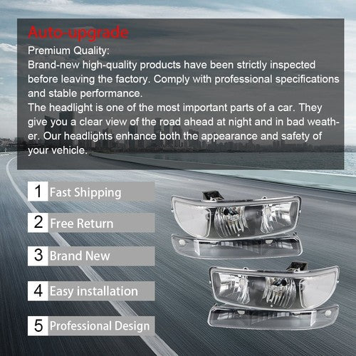 For GMC Sierra 1500 99-07 & Yukon 00-06 L+R Headlight Replacement Halogen Black