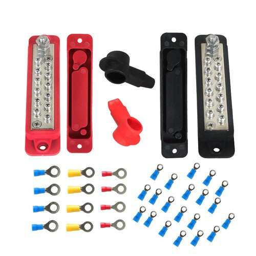 New 12 Point Bus Bar Power Distribution Block 180A 12V DC Pair Black & Red USA