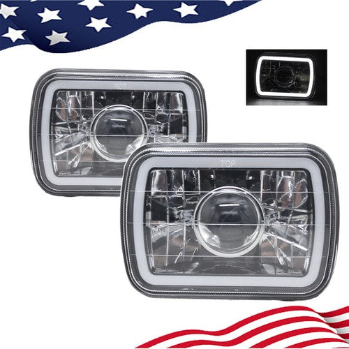7" 7X6 LED White CCFL Halo Diamond Cut Gray Lens Projector Headlights