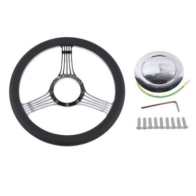 14" 9 Holes Banjo Style Steering Wheel Kit Black Leather Half Warp Chrome for GM